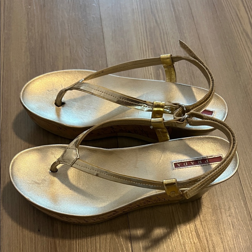 Prada Cork Wedge Metallic Gold Women's Sandal